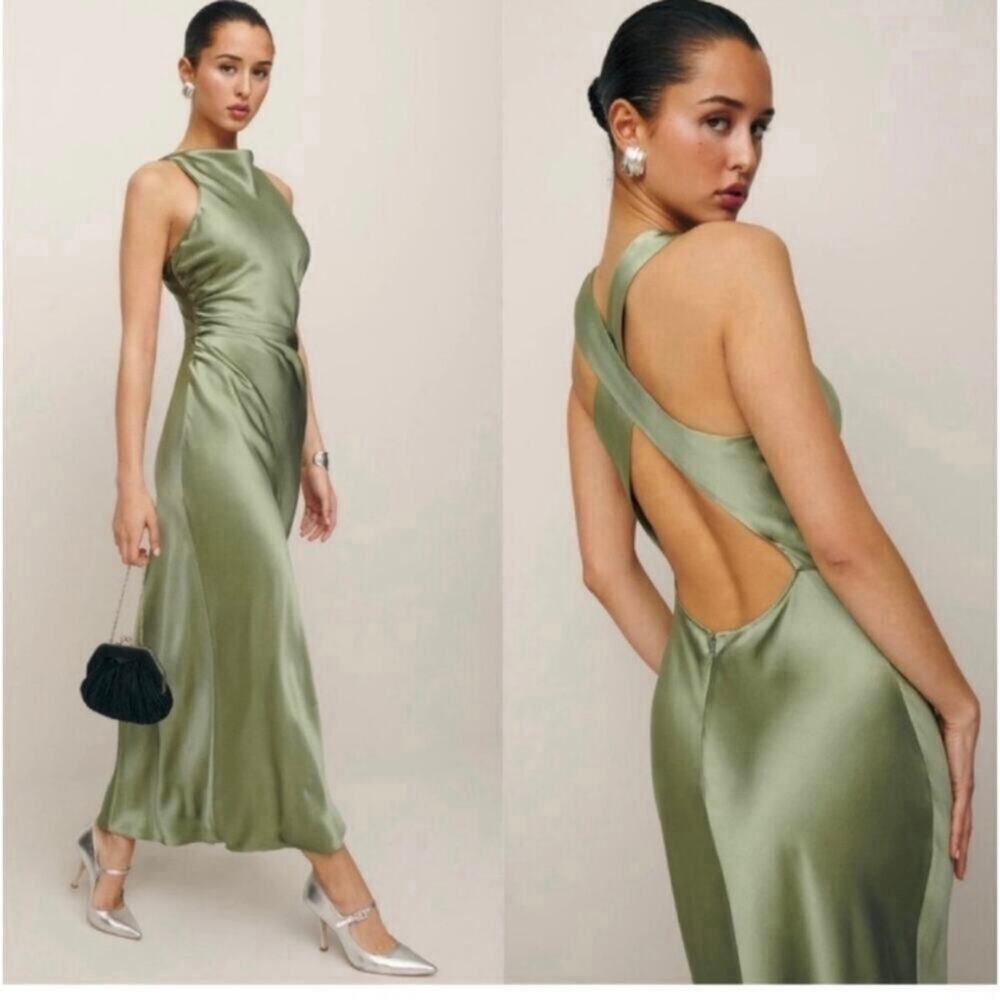 Reformation Olive Green Satin Maxi Dress